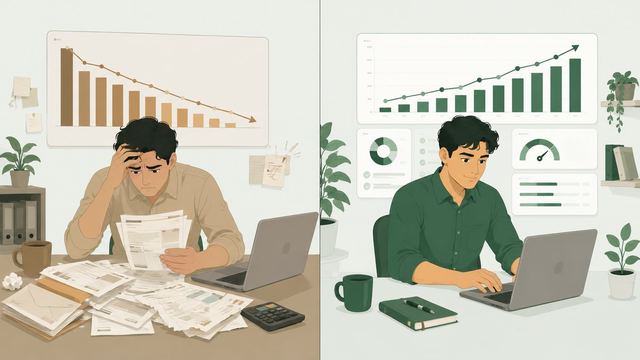 Ilustração de um lojista antes, cercado de papéis e vendas caindo, e depois, gerindo a loja pelos números no notebook.