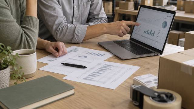 Sessão de mentoria: mão apontando para o painel de vendas no notebook, com a expedição da loja ao fundo.